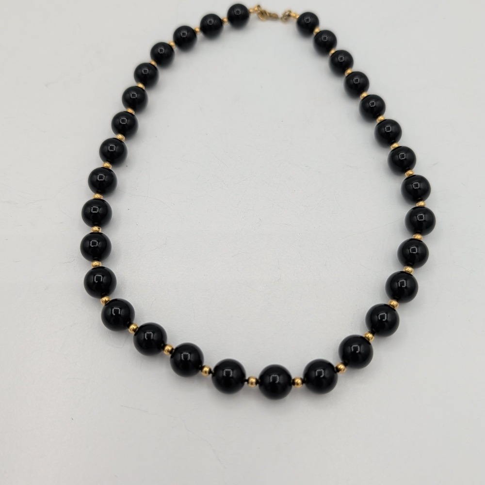 Vintage Monet Black Beaded Choker Necklace Gold Tone Spacers 15" - Picture 2 of 13